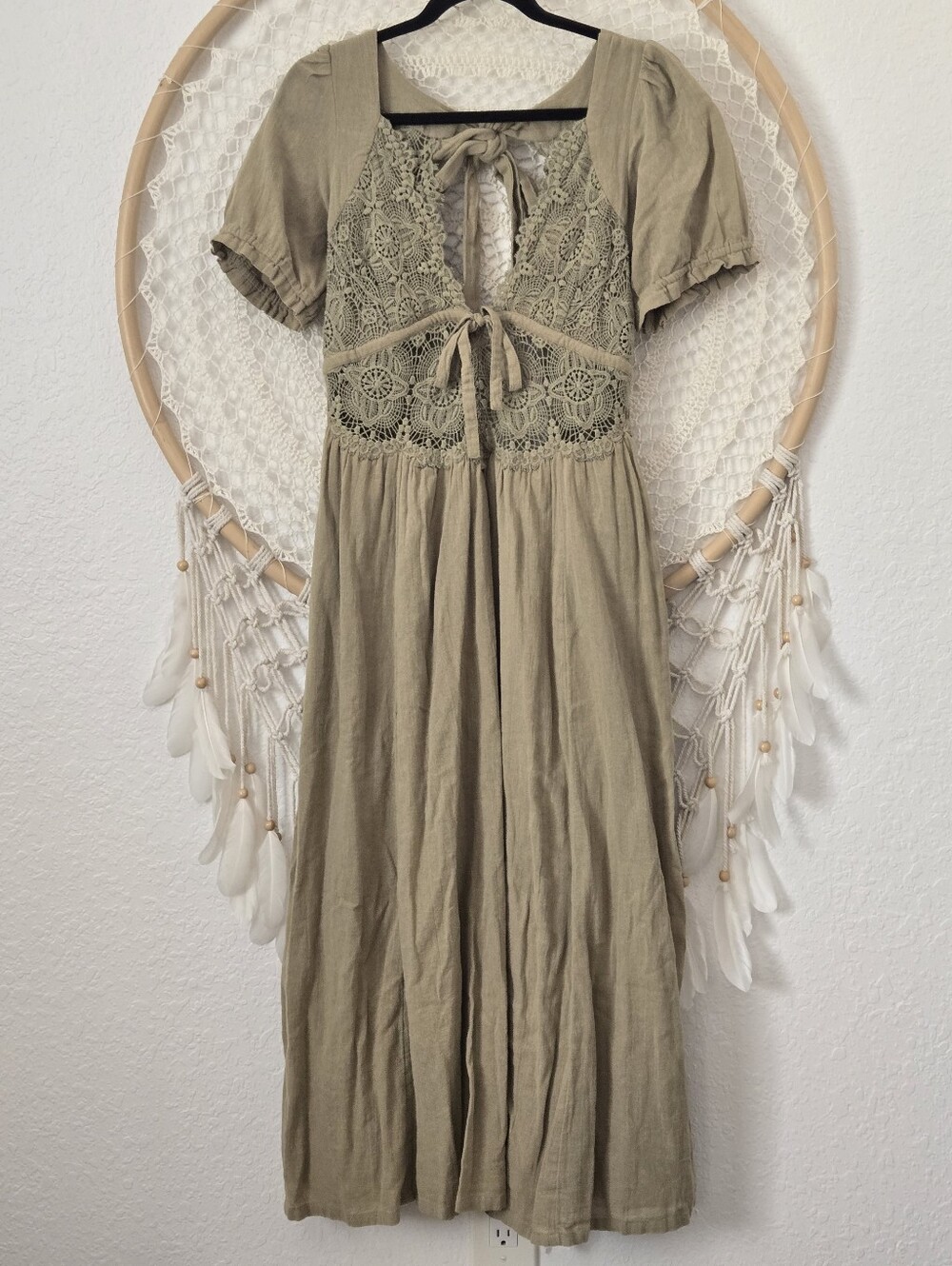 Free People All You Need Is Lace Midi Dress Olive Green Bohemian Size M - Picture 4 of 12